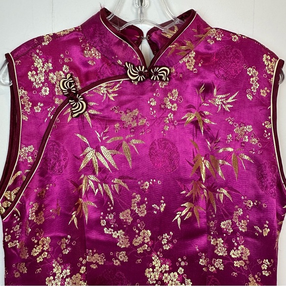 Vintage Fuchsia Gold Silk Cheongsam Dress XL - Picture 3 of 9
